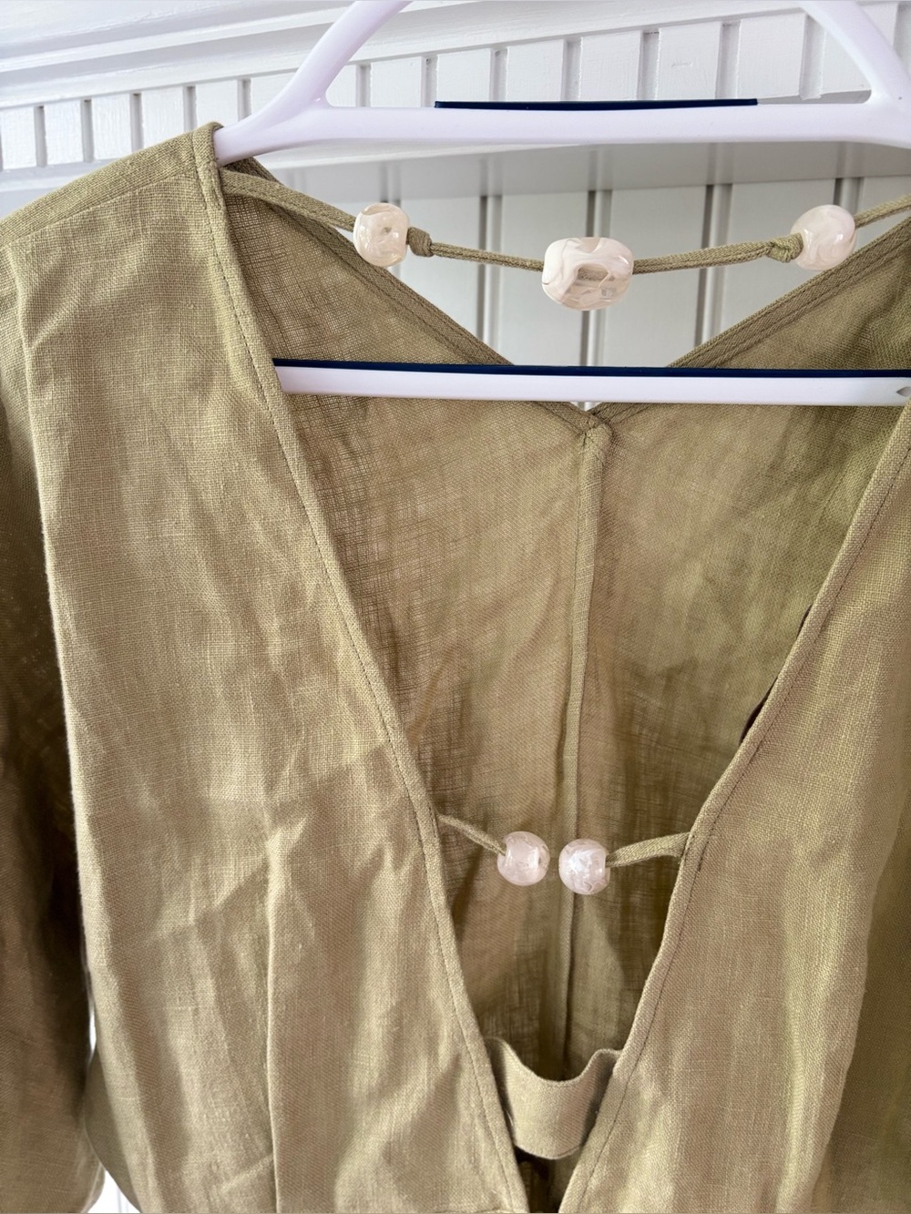 NOCTURNE 100% Linen Beaded Back Mini Dress Olive Green Women's S Quiet Luxury - Picture 10 of 14